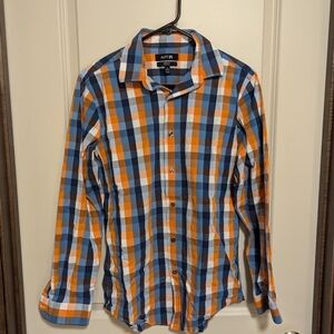 Apt 9 Men’s 16 34/35 Stretch Slim Fit Orange Blue Plaid Long Sleeve